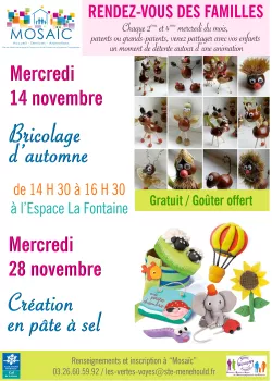 Rendez-Vous des familles pour les enfants accompagnés d’un adulte, animation sur le thème " Création en pâte à sel "". Gratuit. Organisé  par MOSAIC.