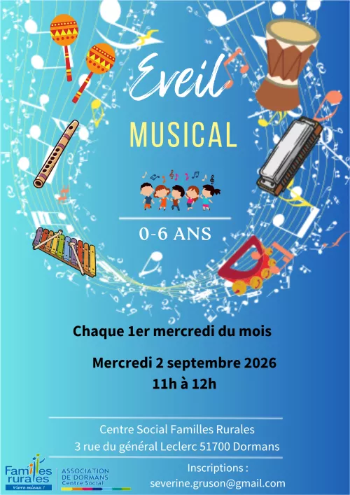 Flyer éveil musical fond bleu avec des instruments de musique 