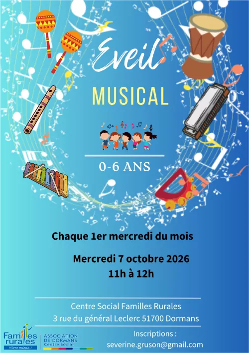 Flyer éveil musical fond bleu avec des instruments de musique 