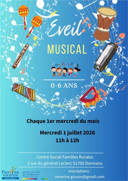 Flyer éveil musical fond bleu avec des instruments de musique 