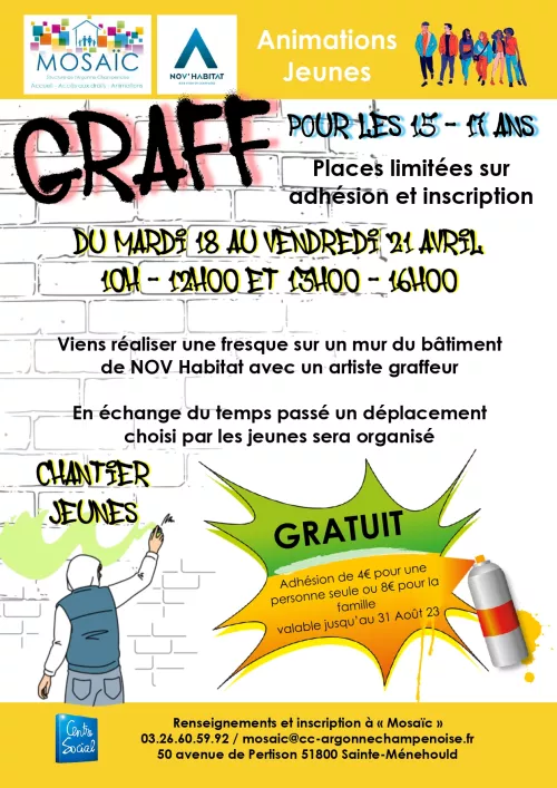 Chantier jeunes à Sainte-Ménehould - La semaine du 18 au 21 avril, nous aurons la chance d’accueillir un artiste grapheur pour nous aider, en compagnie de jeunes, à rénover un mur de NOV HABITAT.