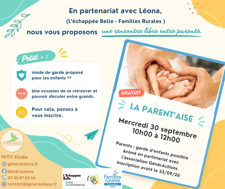Présentation de la rencontre entre parents (avec garde d'enfants)  le 30 septembre à l'Echapée Belle